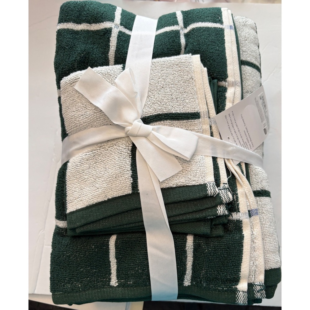 Room Essentials 6 Piece Bath Towel Set Green White Windowpane Plaid 100% Cotton‎